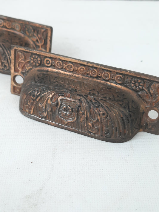 Two Ornate Brass-Plated Victorian Cast Iron Bin Pulls, Antique Drawer Handle, Apothecary Pulls 010503