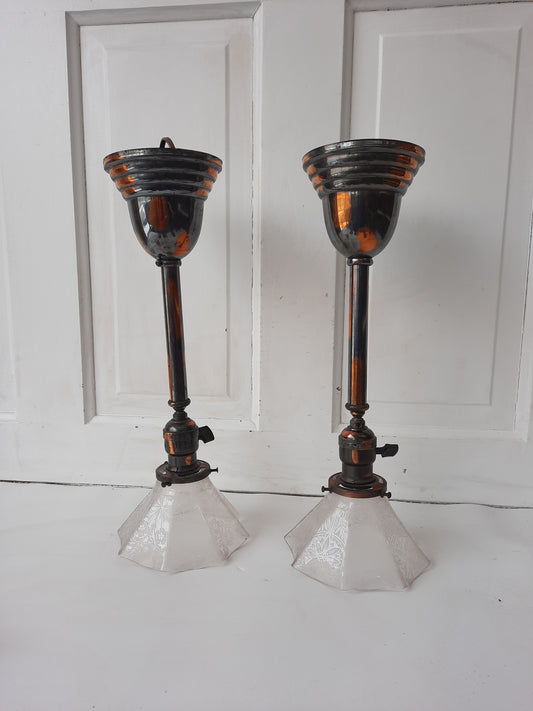Two Art Nouveau Antique Lights with Fluted Glass Shade, Japanned Brass Vintage Pendant Lights 011703