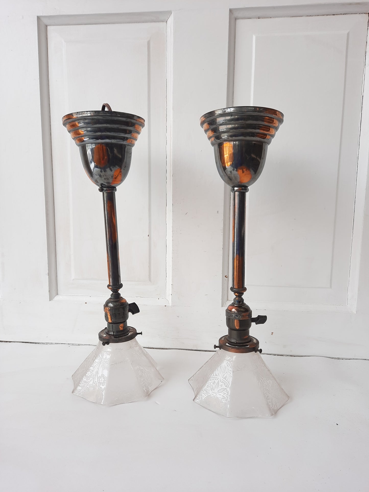 Two Art Nouveau Antique Lights with Fluted Glass Shade, Japanned Brass Vintage Pendant Lights 011703