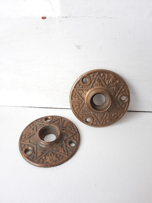 Pair of Eastlake Star Rosettes, Brass Door Plates, Brass Escutcheons, Round Door Plates, Flower Escutcheons, Floral Brass Plates 011806