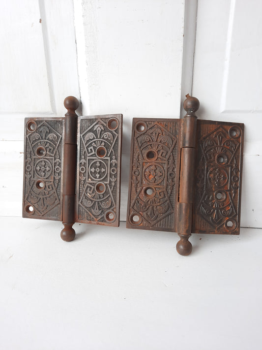 Eastlake 4 1/2" Antique Hinges, Victorian Iron Ornate Pattern Door Hinges 011807