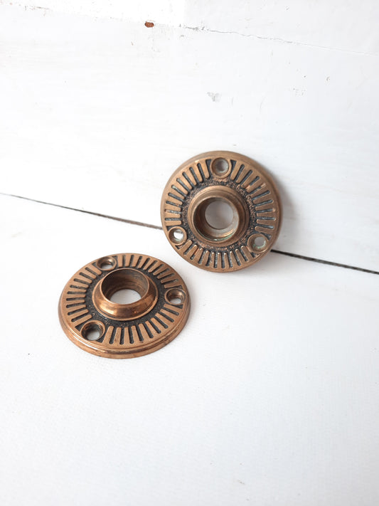 Antique Radial Design Bronze Doorknob Rosettes, Antique Door Knob Collar Backplates