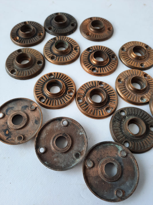 Antique Radial Design Bronze Doorknob Rosettes, Antique Door Knob Collar Backplates