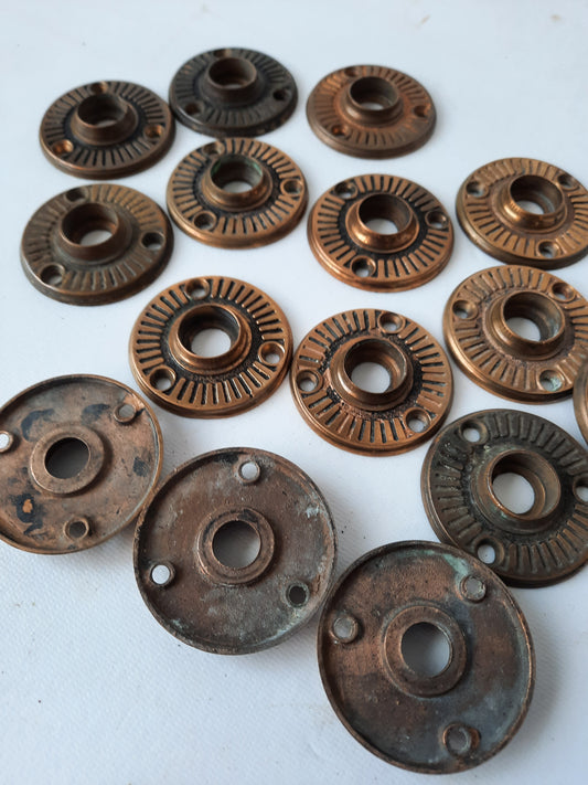 Antique Radial Design Bronze Doorknob Rosettes, Antique Door Knob Collar Backplates 011810