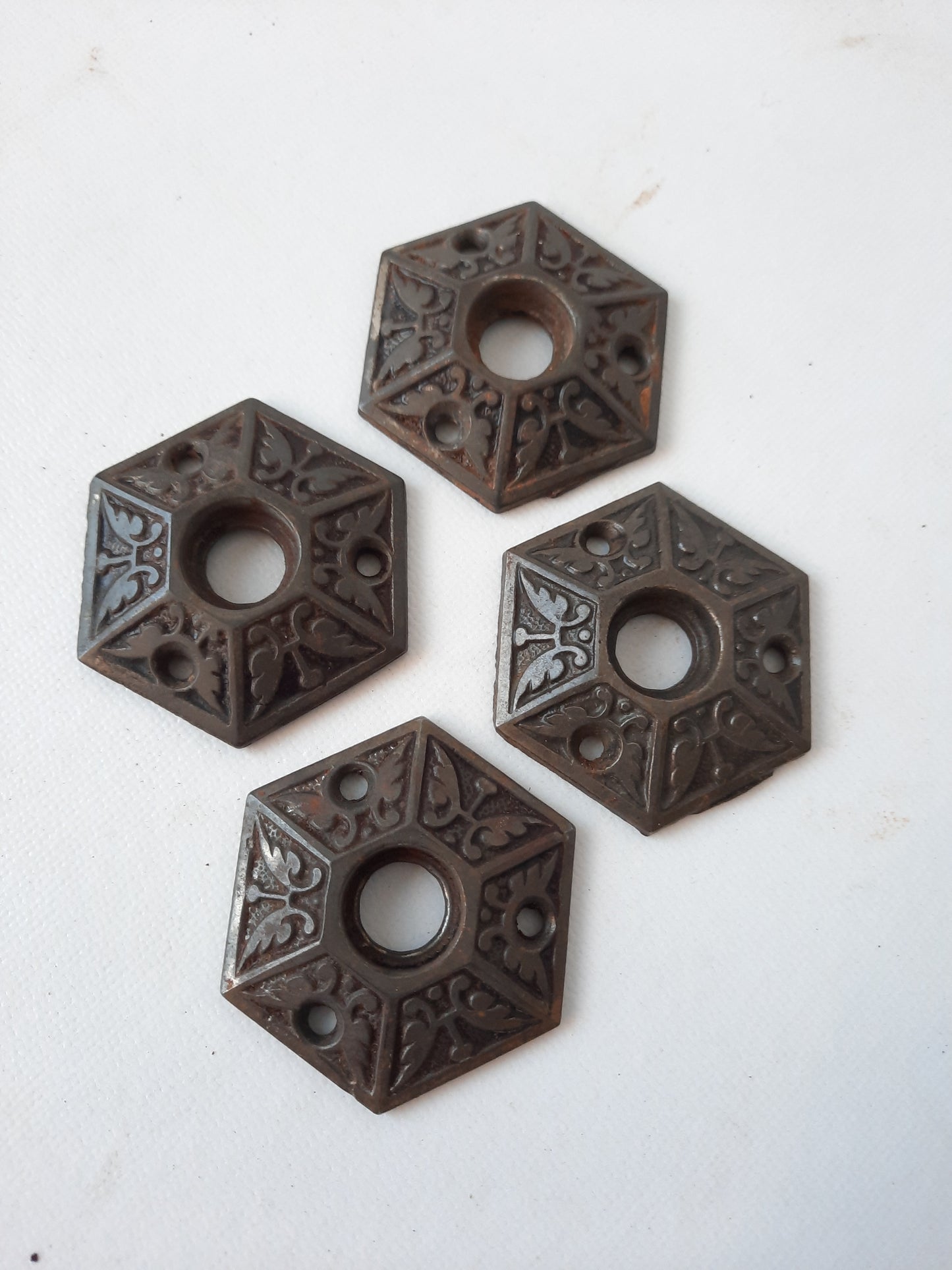 Two Antique Hexagon Cast Iron Door Knob Collars, Iron Hexagonal Eastlake Doorknob Rosetttes