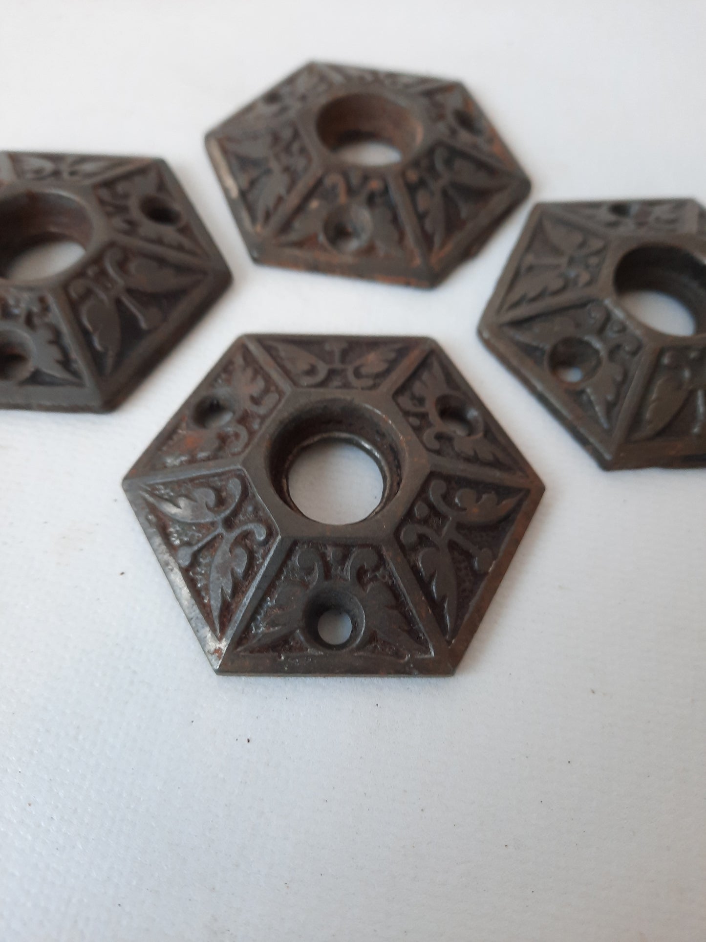 Two Antique Hexagon Cast Iron Door Knob Collars, Iron Hexagonal Eastlake Doorknob Rosetttes