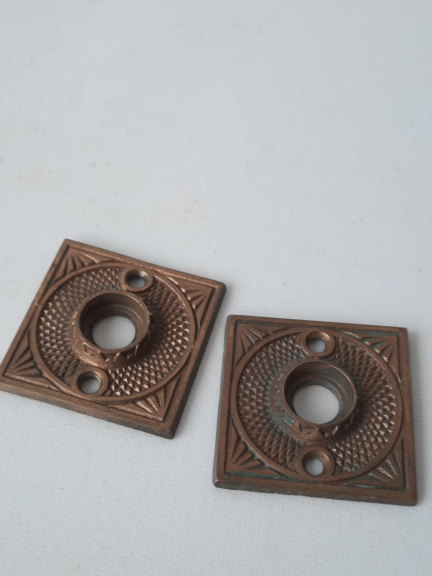 Pair of Square Doorknob Rosettes, Eastlake Bronze Square Backplates, Door Knob Back Plate, Square Backplate Architecture Salvage 012301