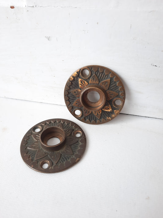 2 Sunflower Rosettes, Door Knob Rosettes, Brass Door Plates, Brass Escutcheons, Round Door Plates, Flower Escutcheons 012303