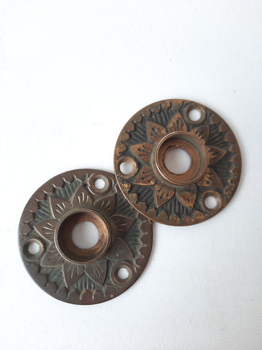 2 Sunflower Rosettes, Door Knob Rosettes, Brass Door Plates, Brass Escutcheons, Round Door Plates, Flower Escutcheons 012303