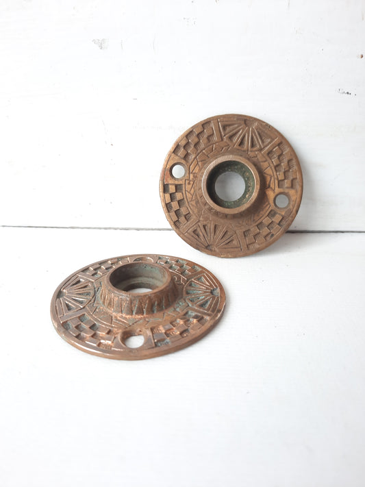 Two Floral Design Geometric Checker Rosette Door Plates, Brass Escutcheons, Cast Bronze Rosettes, Architecture Salvage 012304