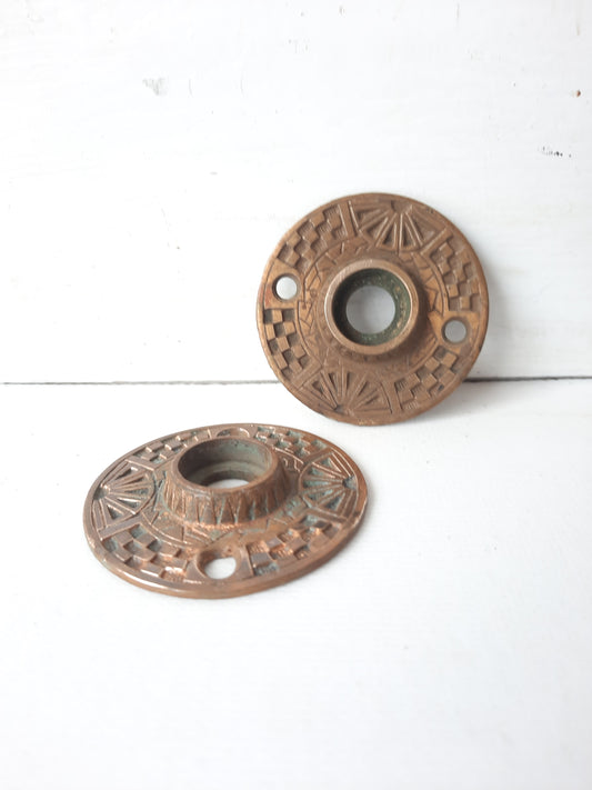 Two Floral Design Geometric Checker Rosette Door Plates, Brass Escutcheons, Cast Bronze Rosettes, Architecture Salvage 012304