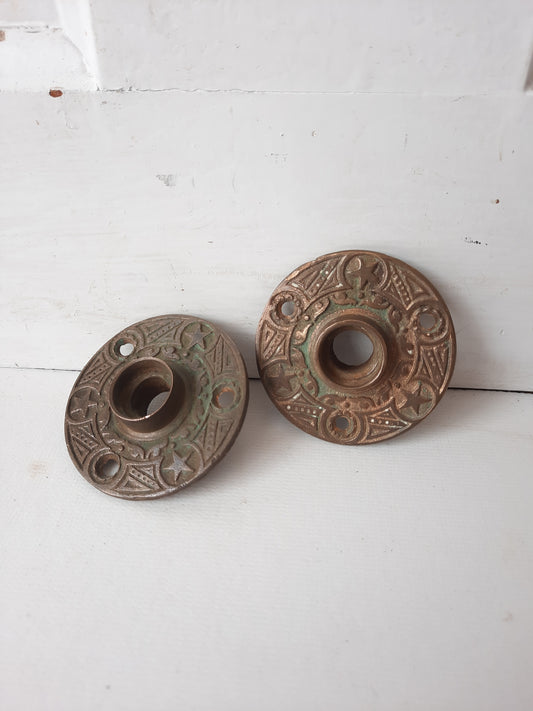 Pair of Antique Star Design Rosettes, Bronze Star Doorknob Rosette Collars, Round Back Plates 012305