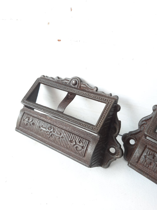 Two Iron Pulls with Slot for Label, Antique Apothecary Pulls 012307