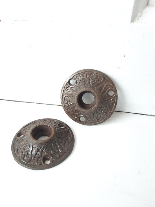Two Scroll Line Design Rosette Door Plates, Iron Escutcheons, Cast Iron Rosettes, Architecture Salvage 012311