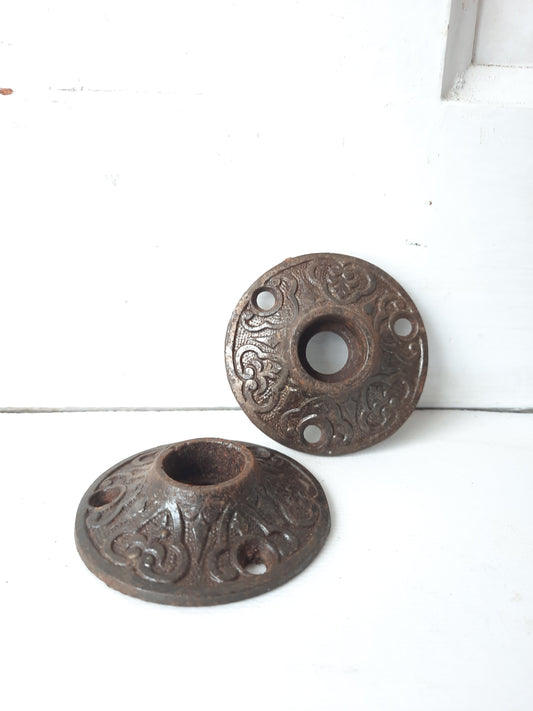 Two Scroll Line Design Rosette Door Plates, Iron Escutcheons, Cast Iron Rosettes, Architecture Salvage 012311