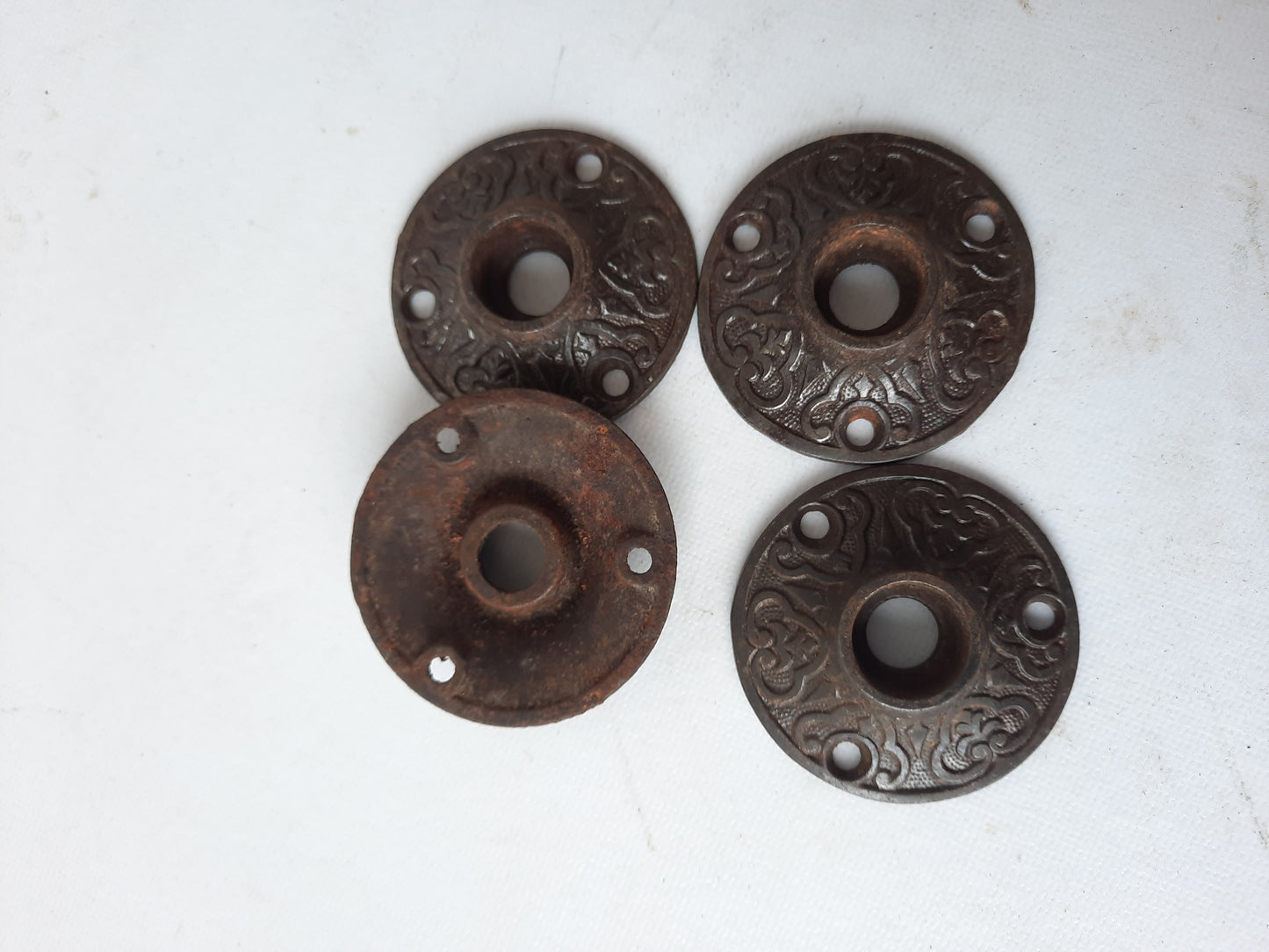 Two Scroll Line Design Rosette Door Plates, Iron Escutcheons, Cast Iron Rosettes, Architecture Salvage 012311