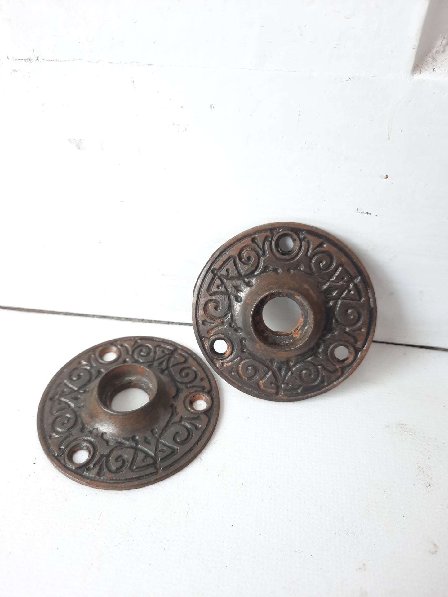 Two Scroll Line Design Rosette Door Plates, Iron Escutcheons, Cast Iron Rosettes, Architecture Salvage 012312