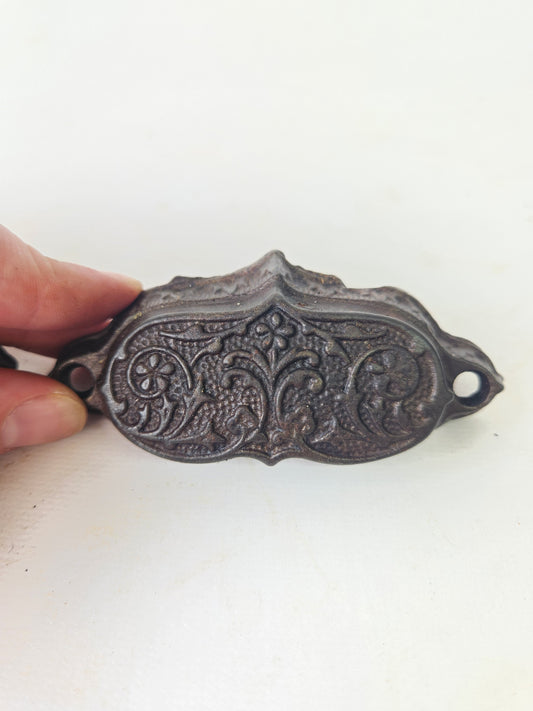 Small Eastlake Iron Pulls with Flower Detail, Antique Floral Design Pull, Cast Iron Handle Antique Victorian Hardware 012405