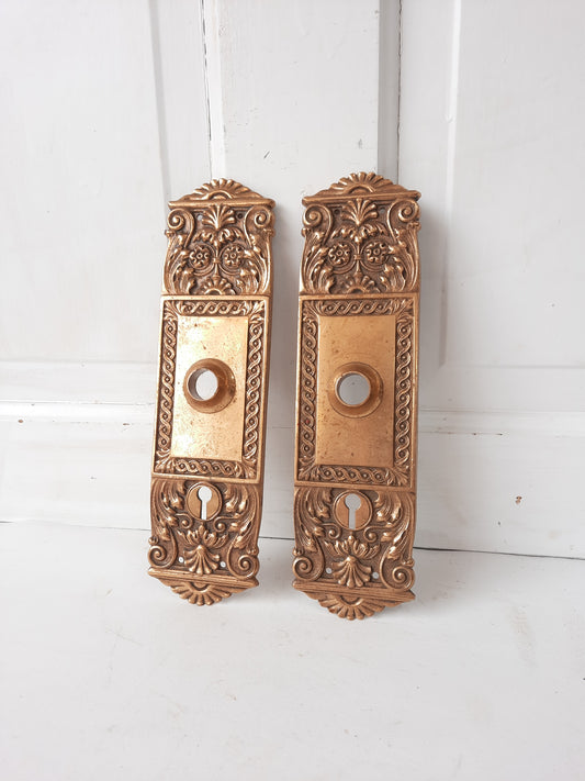 Pair Victorian Era Large Bronze Door Plates, Antique Ornate Doorknob Backplates, Bronze Door Hardware Back Plates 012904