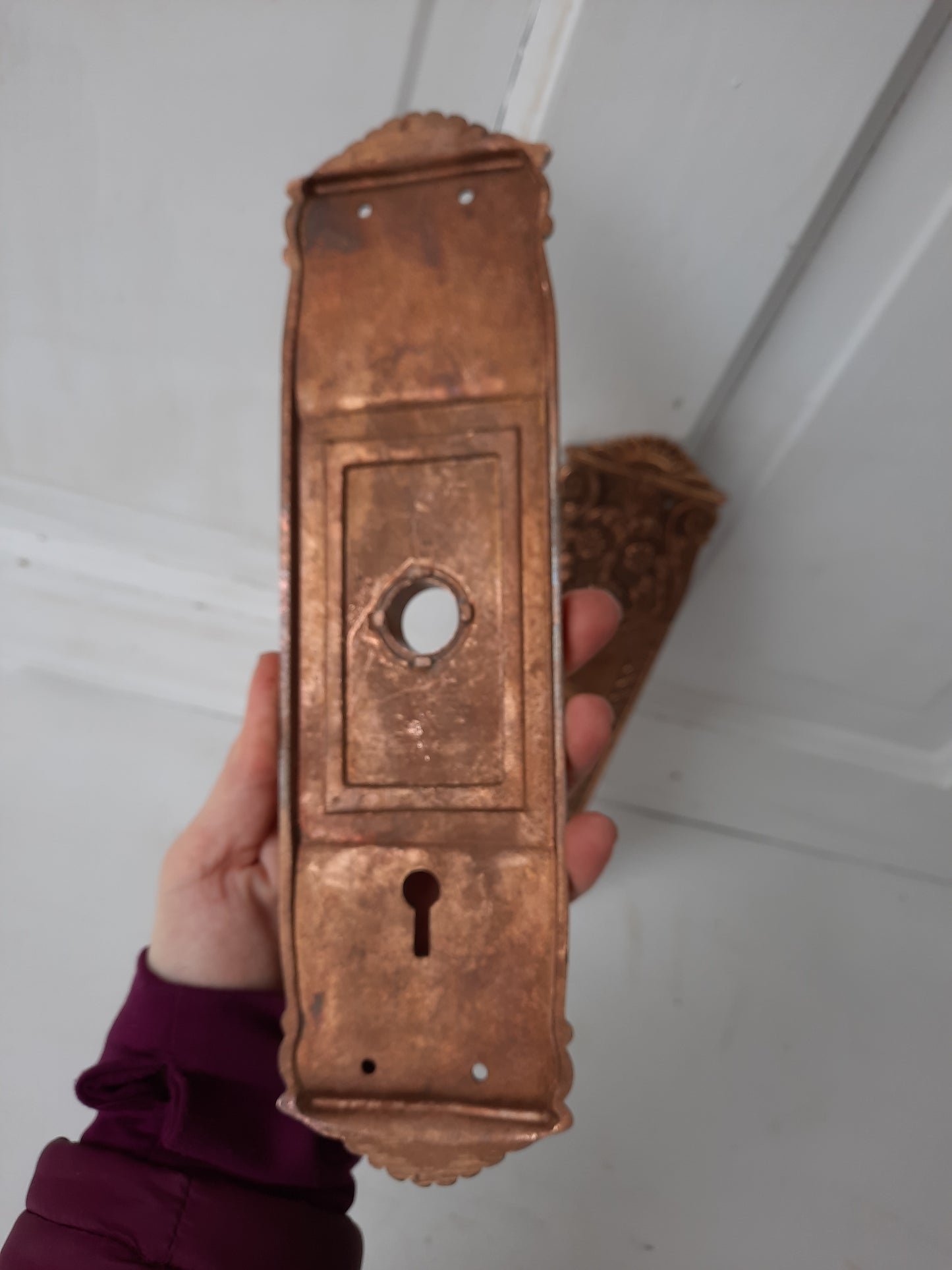 Pair Victorian Era Large Bronze Door Plates, Antique Ornate Doorknob Backplates, Bronze Door Hardware Back Plates 012904