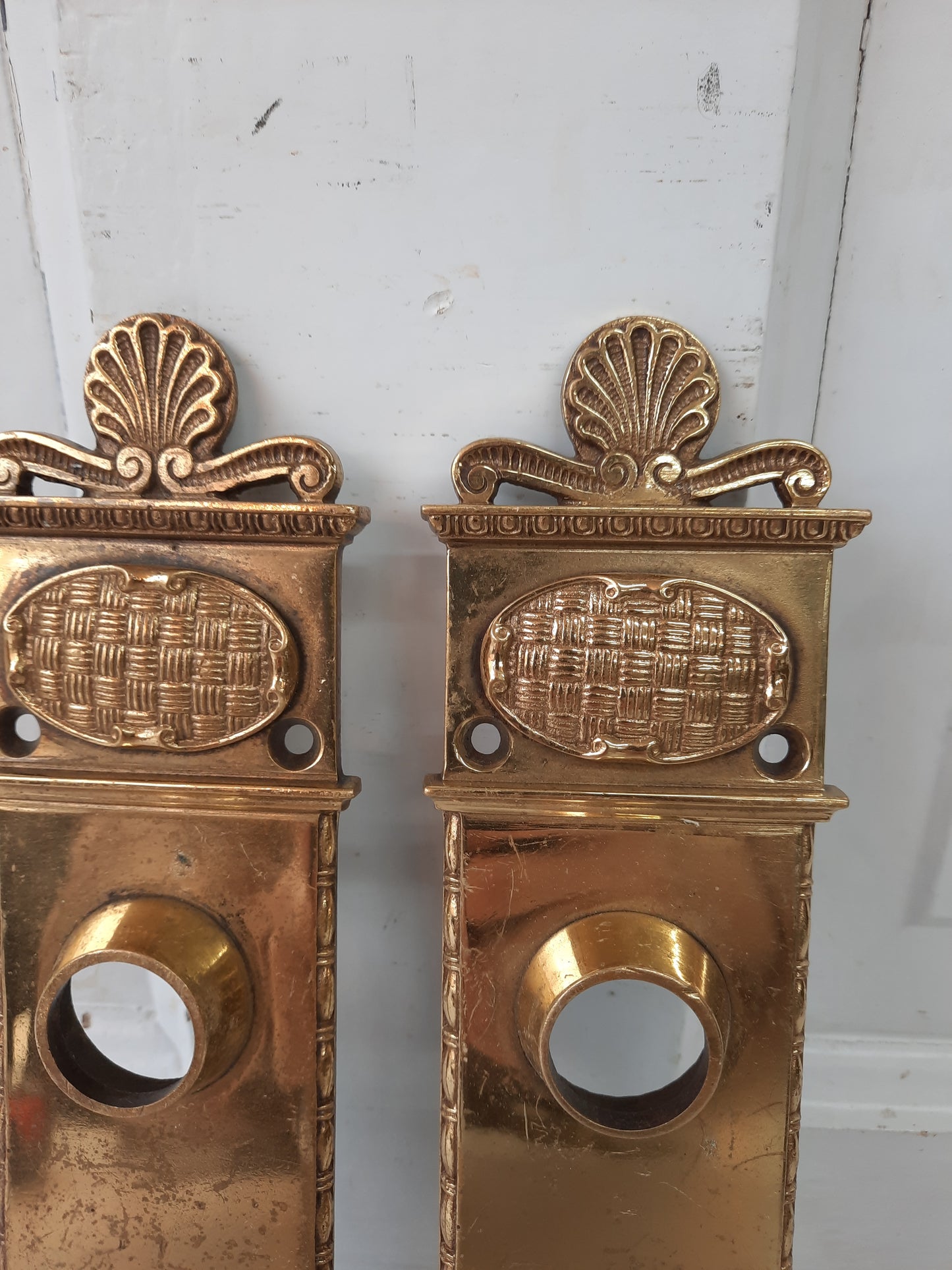 Pair Niles Chicago Large Bronze Door Plates, Antique Ornate Doorknob Backplates 013001