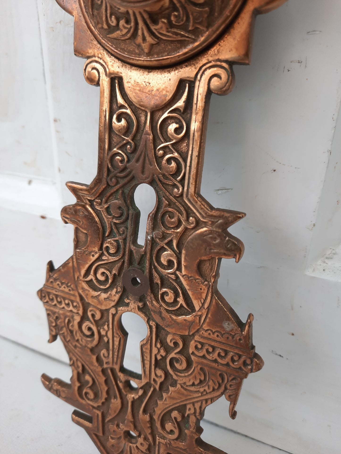 Gryphons and Bird Design Door Plate, Antique Door Plate Double Keyhole, Swinging Keyhole Cover 013002