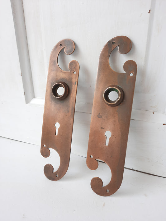 Pair of Bronze Spiral Cut-out Antique Push Plate, Antique Bronze Swinging Door Plate, Doorknob Escutcheons 013104