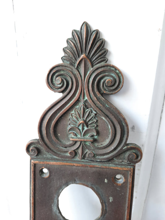 Large Solid Bronze Entry Backplate, Antique Cylinder Lock Front Door Plate 013108