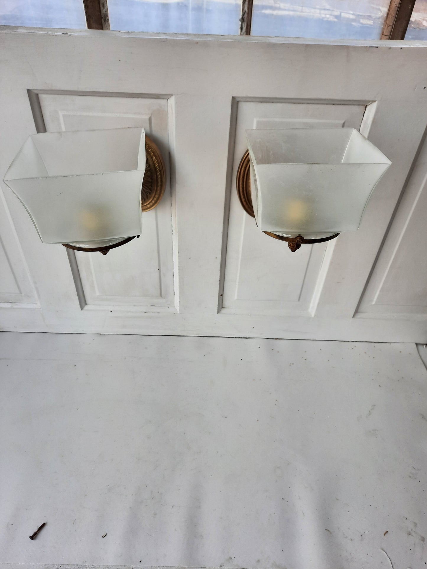 Pair of Converted Antique Gas Sconce with Swinging Arms, Ornate Victorian Gas Wall Sconce with Square Shade 020104