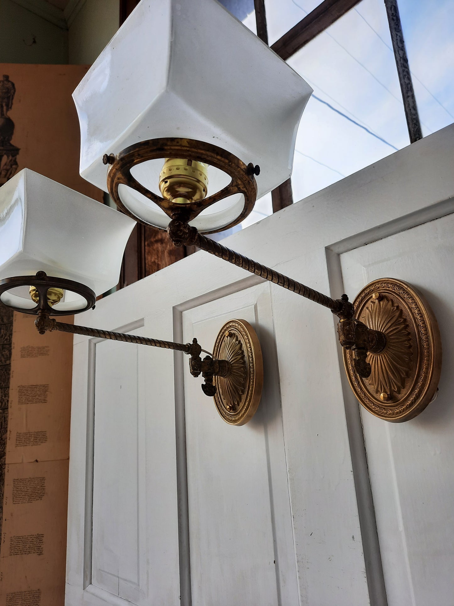 Pair of Converted Antique Gas Sconce with Swinging Arms, Ornate Victorian Gas Wall Sconce with Square Shade 020104