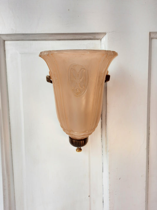 Single Vintage Slip Shade Sconce with Pink Glass, Antique Slipper Shade Sconce Light Peach Pink Glass