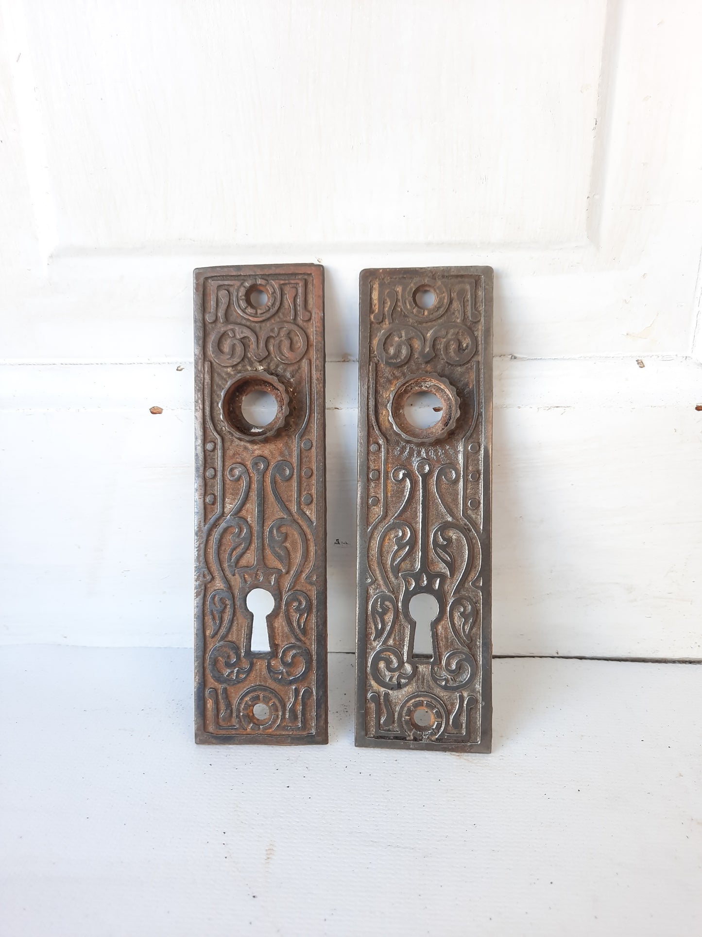 Eastlake Cast Iron Door Backplates, Antique Fancy Door Knob Escutcheons