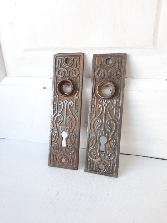 Eastlake Cast Iron Door Backplates, Antique Fancy Door Knob Escutcheons