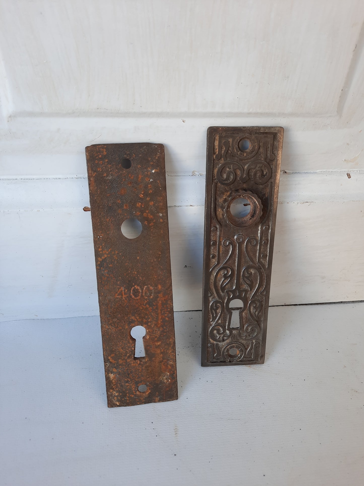 Eastlake Cast Iron Door Backplates, Antique Fancy Door Knob Escutcheons