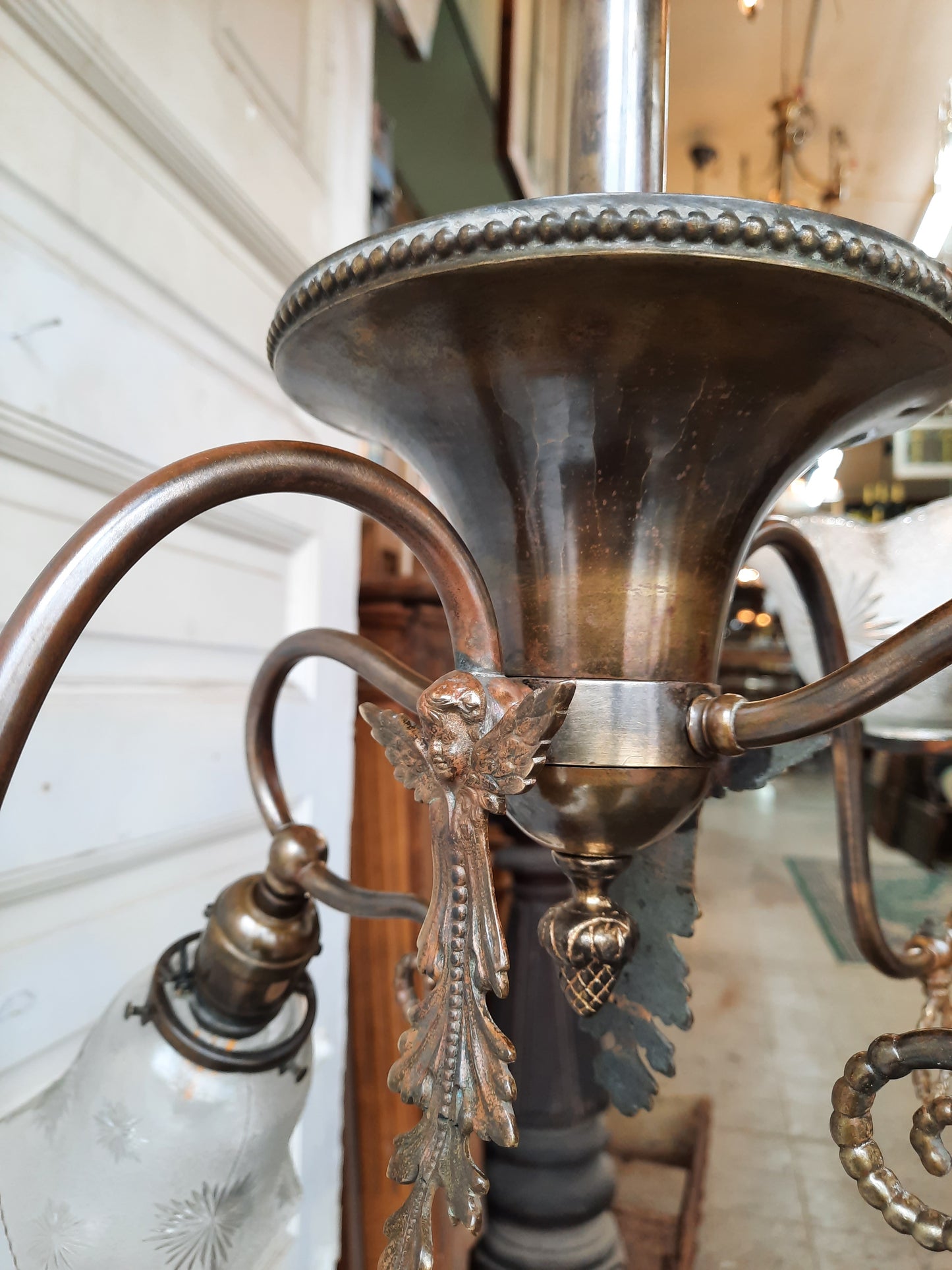 Converted Gas and Electric Antique Chandelier with Cherub Faces, Victorian Era Brass Gasolier Light