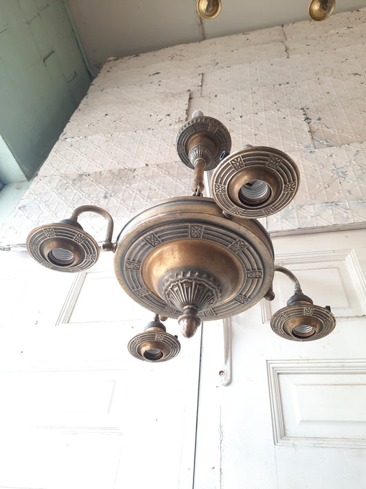Brass Pan Light with Exposed Bulb Sockets, 1900s Four Arm Vintage Brass Chandelier