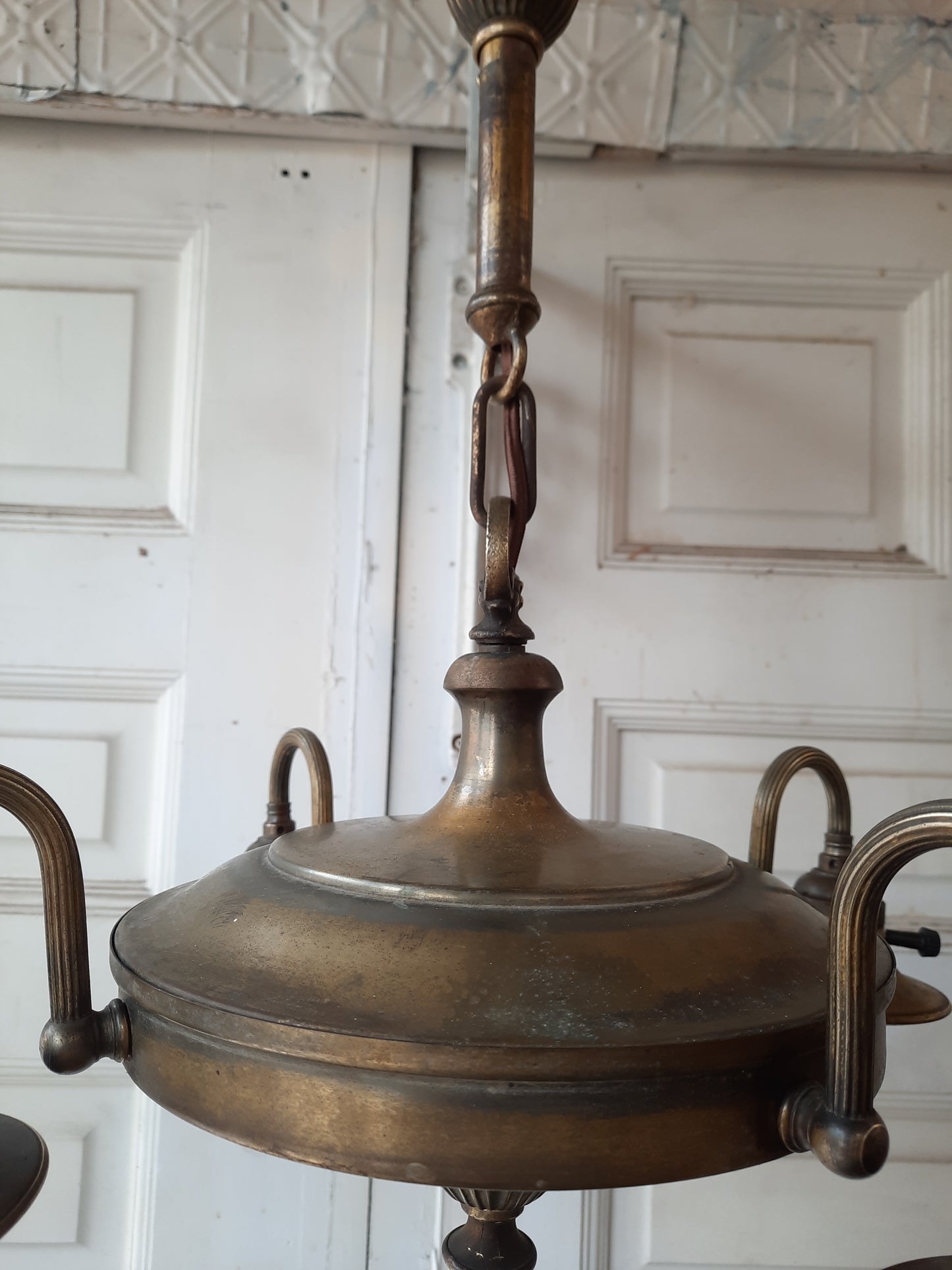 Brass Pan Light with Exposed Bulb Sockets, 1900s Four Arm Vintage Brass Chandelier