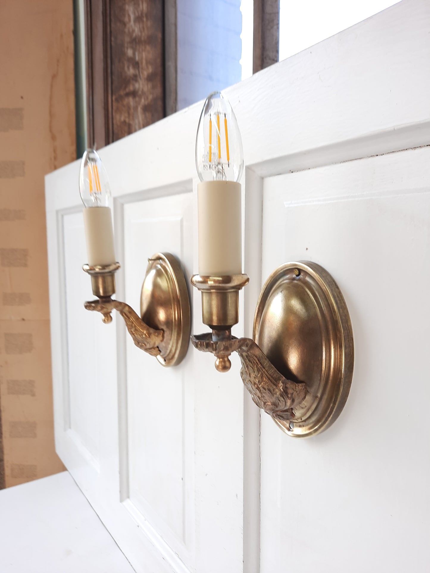 Pair of Vintage Brass Sconces, Two Antique Wall Sconce Lights with Candle Sockets 020806