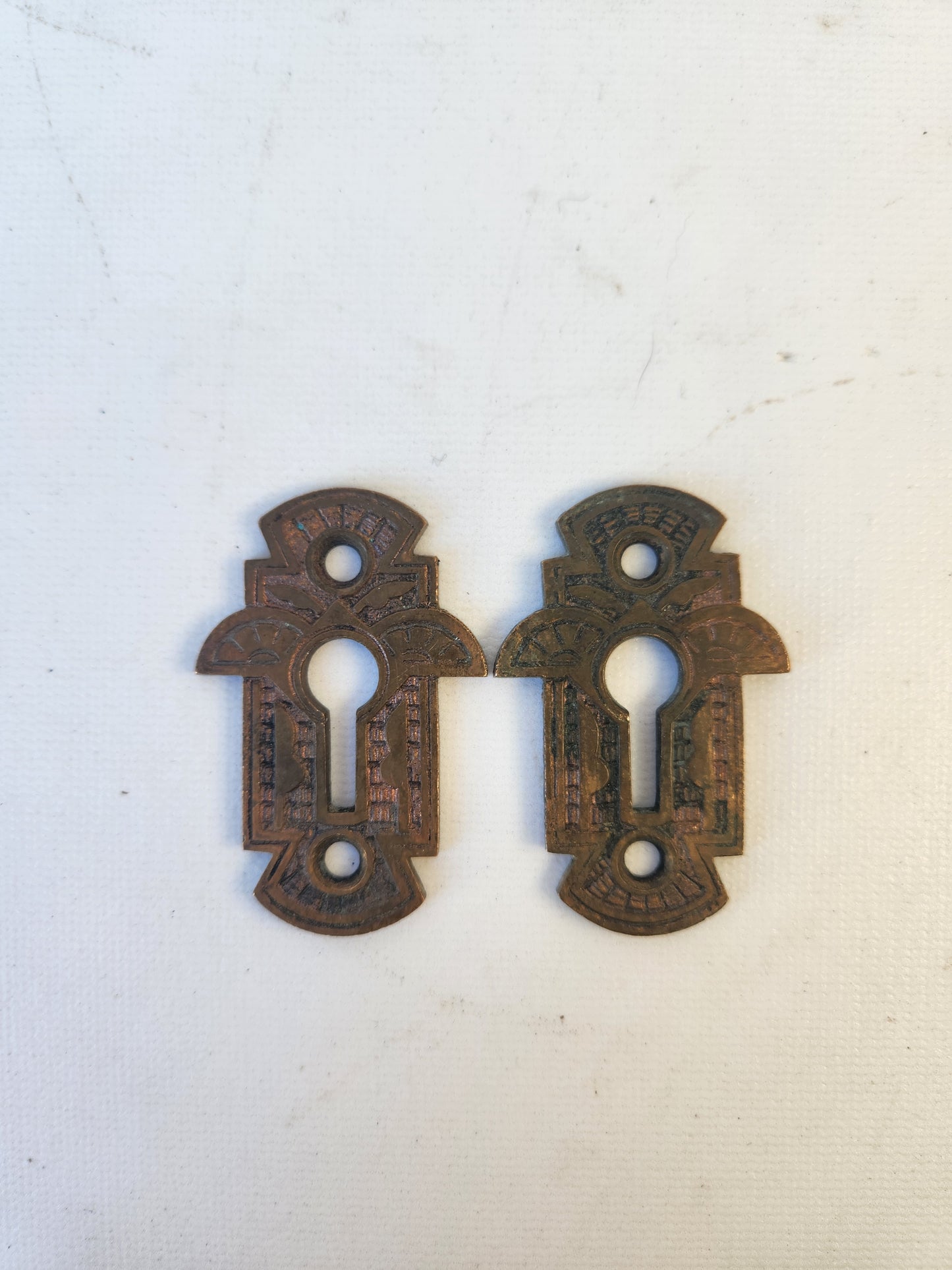 Two Antique Brass Keyhole Escutcheons, Brass Key Plates, Key Hole Covers 021704