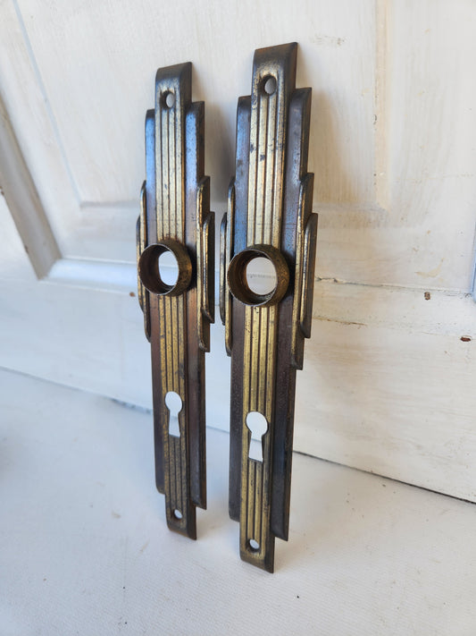 Two Brass Plated Art Deco Backplates, Deco Doorknob Escutcheon Plates 021705