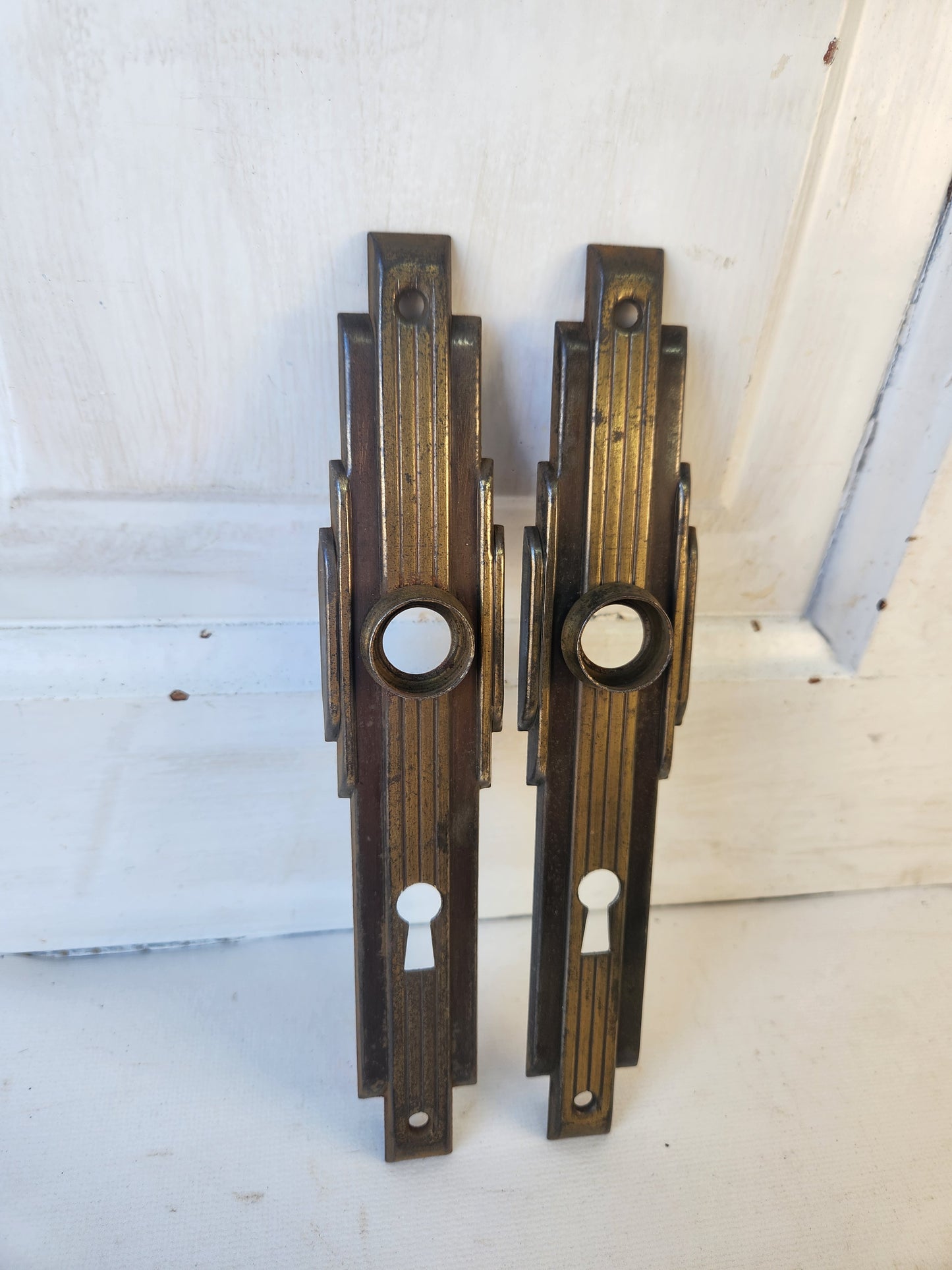 Two Brass Plated Art Deco Backplates, Deco Doorknob Escutcheon Plates 021705
