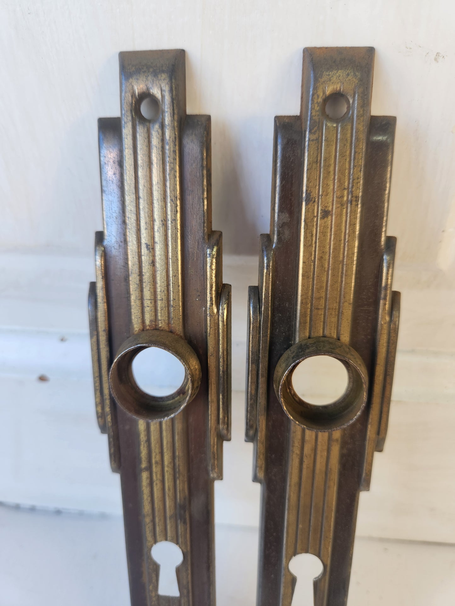 Two Brass Plated Art Deco Backplates, Deco Doorknob Escutcheon Plates 021705