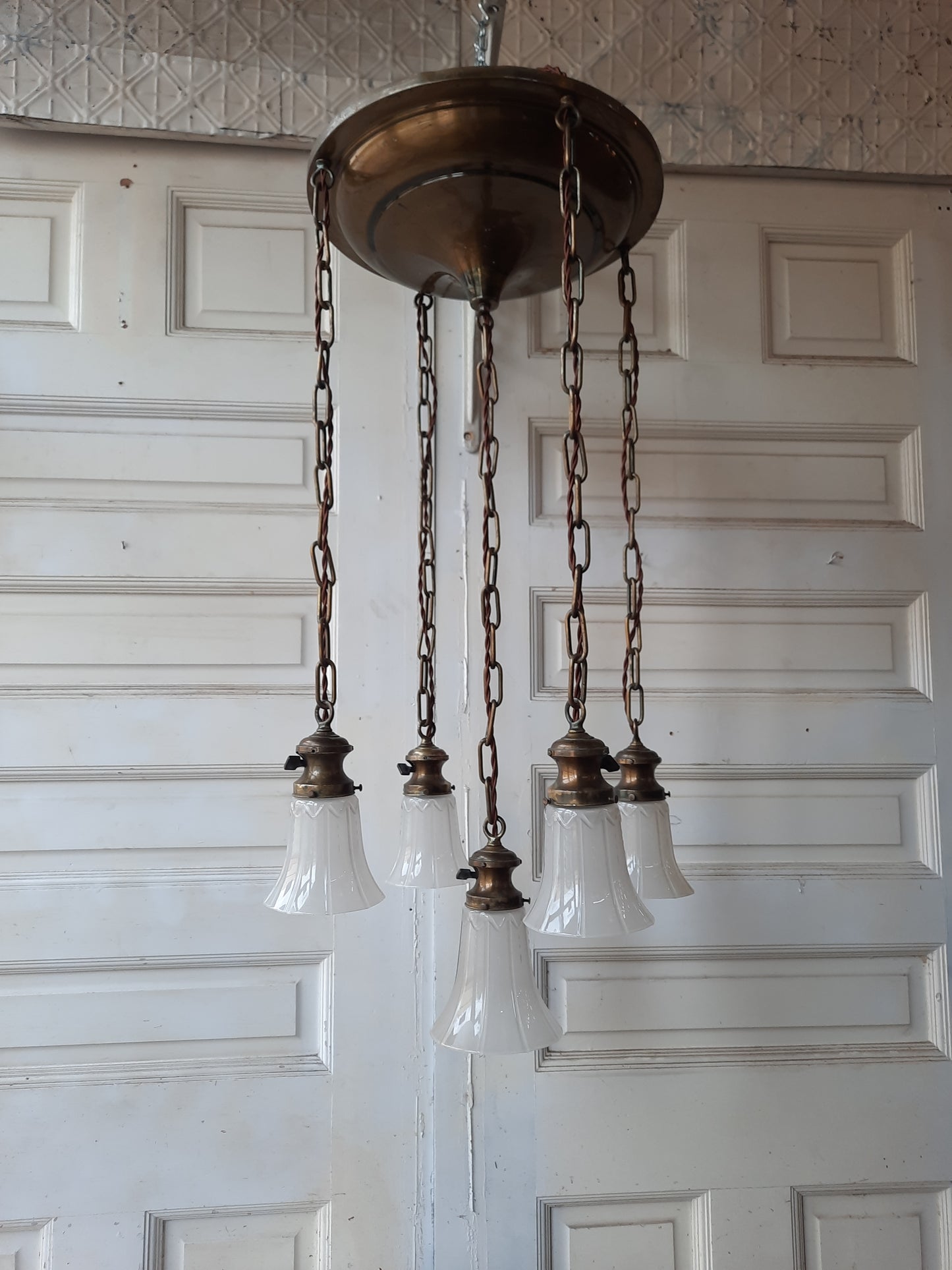 Antique Brass Pan Light with Five Hanging Chain Lights, Large Flush Mount Ceiling Light with Hanging Sockets