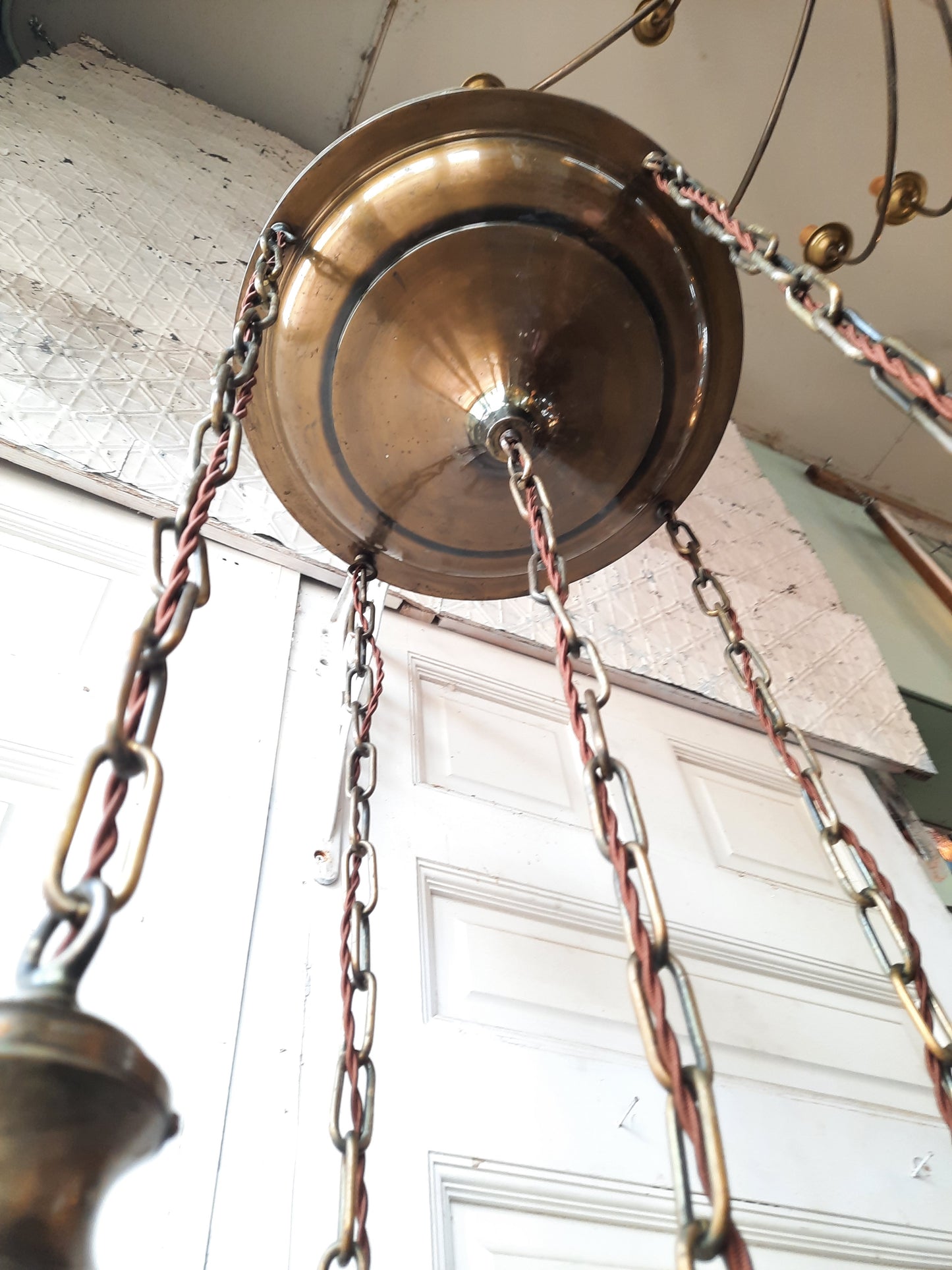 Antique Brass Pan Light with Five Hanging Chain Lights, Large Flush Mount Ceiling Light with Hanging Sockets