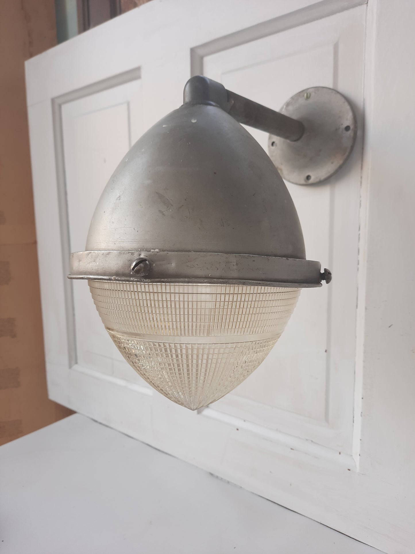 Vintage Small Industrial Light with Holophane Shade, Cut Glass Industrial Fixture 022701