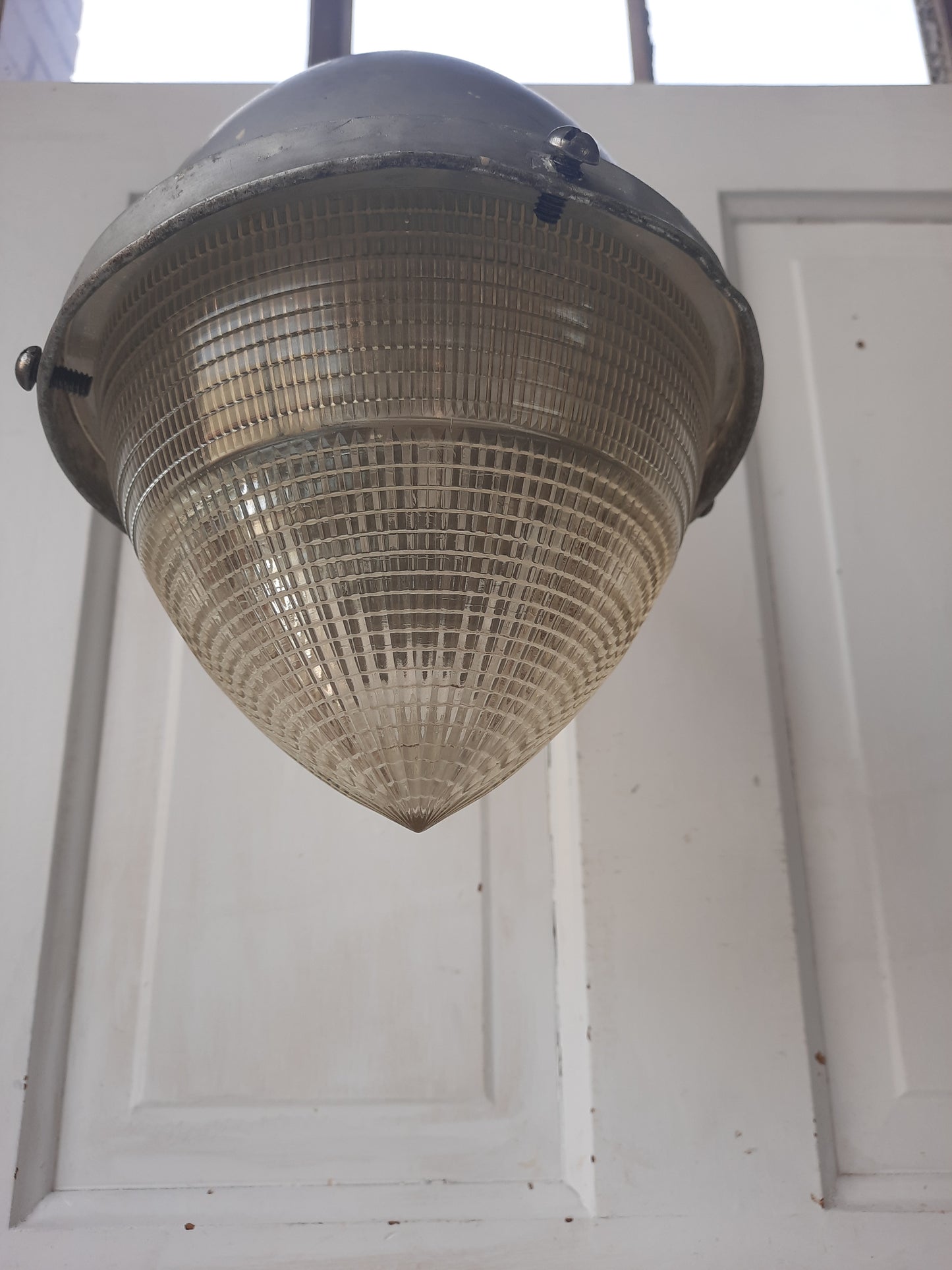 Vintage Small Industrial Light with Holophane Shade, Cut Glass Industrial Fixture 022701