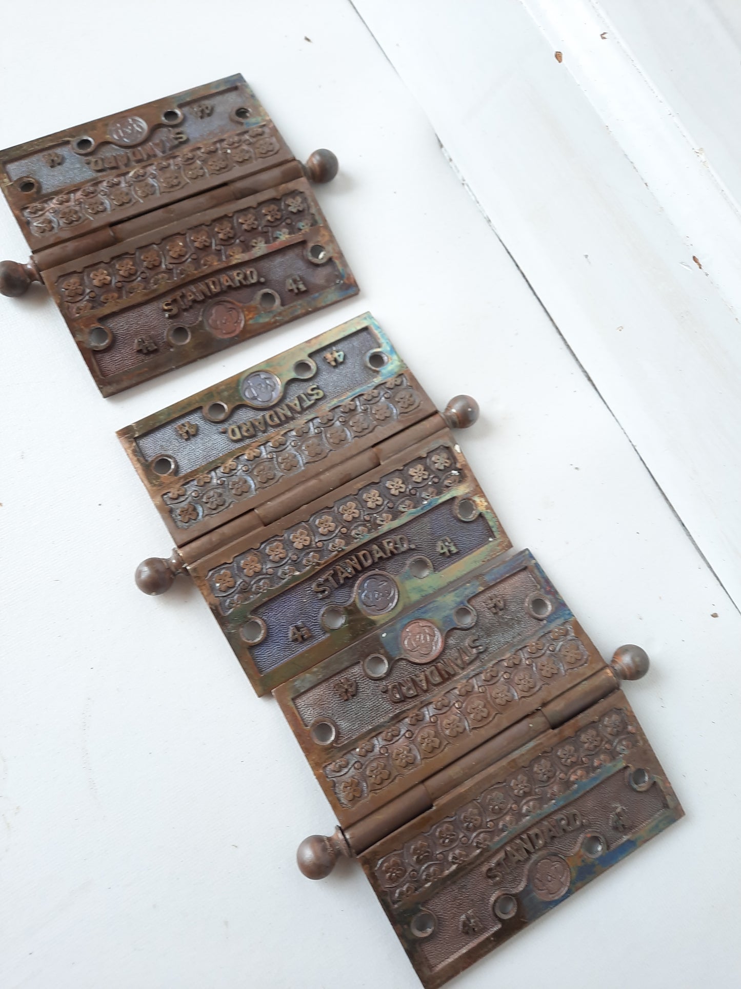 Eastlake 4 1/2" Antique Madras Hinges, Victorian Bronze Ornate Pattern Door Hinges 030504