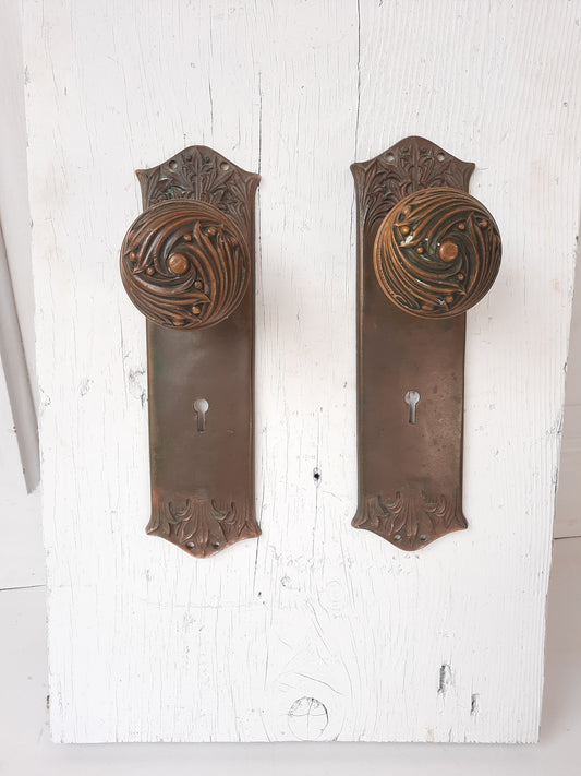 Cluny Pattern by Yale and Towne Antique Door Hardware, Antique Bronze Doorknobs and Backplates, Victorian Era 030507