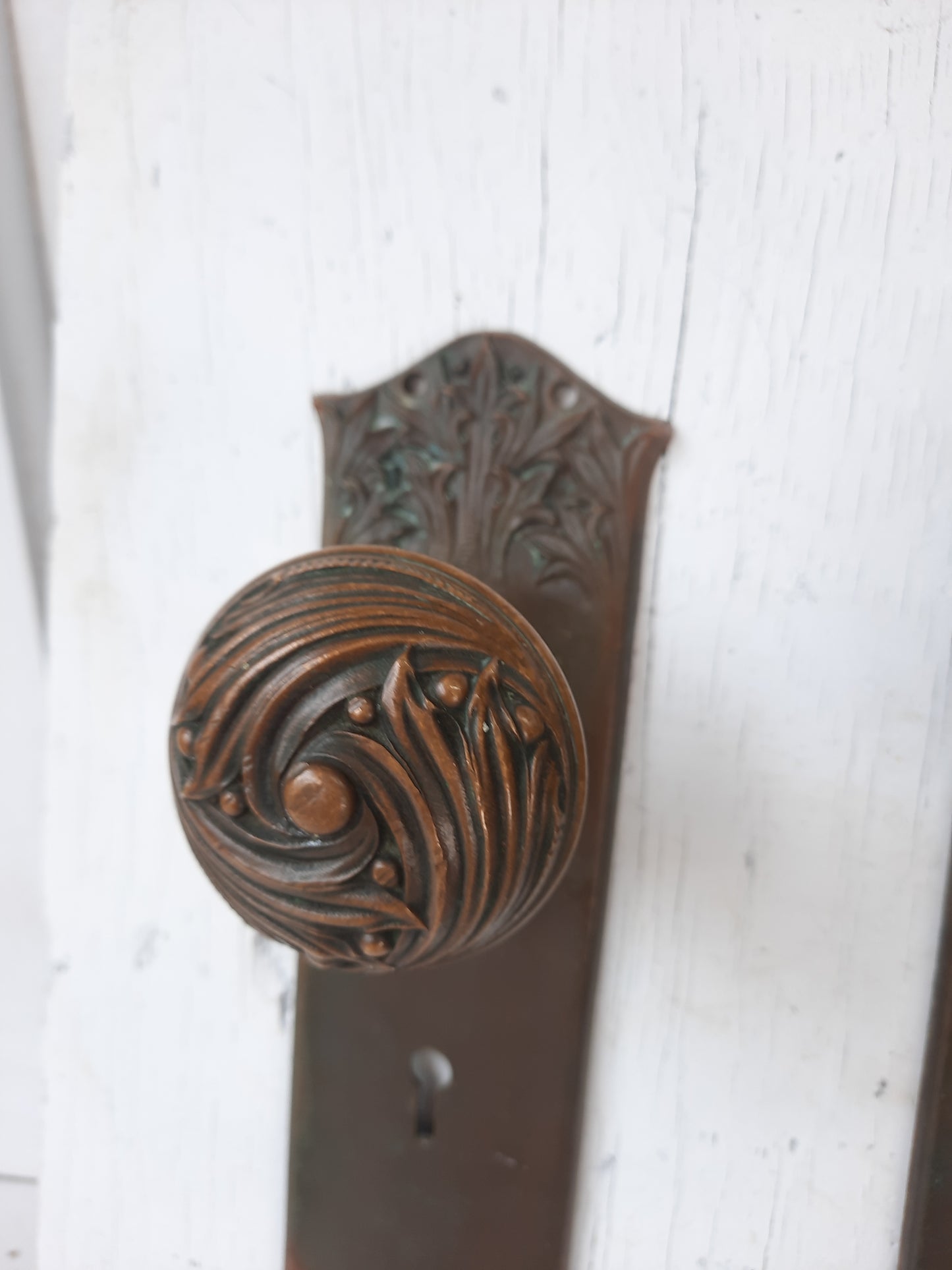 Cluny Pattern by Yale and Towne Antique Door Hardware, Antique Bronze Doorknobs and Backplates, Victorian Era 030507
