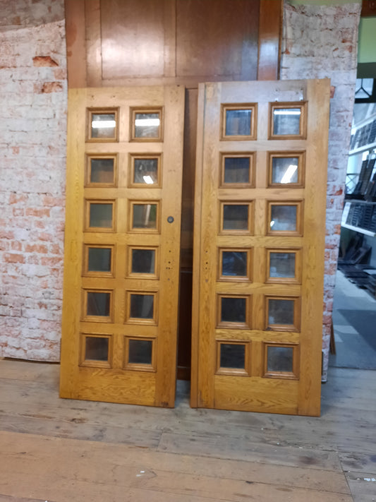 Large Vintage Wood and Glass Church Doors, Double Glass Entry Doors, Heavy Glass Church Doors